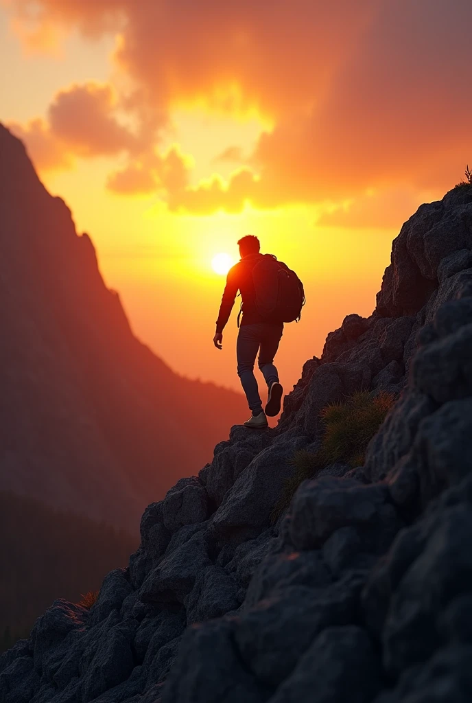Person Climbing a Steep Hill: A person climbing a steep hill or rocky trail, with the sun setting behind them. This image represents the challenges and obstacles we face in life. The person’s determination to keep moving upward symbolizes the strength of a success-oriented mindset.