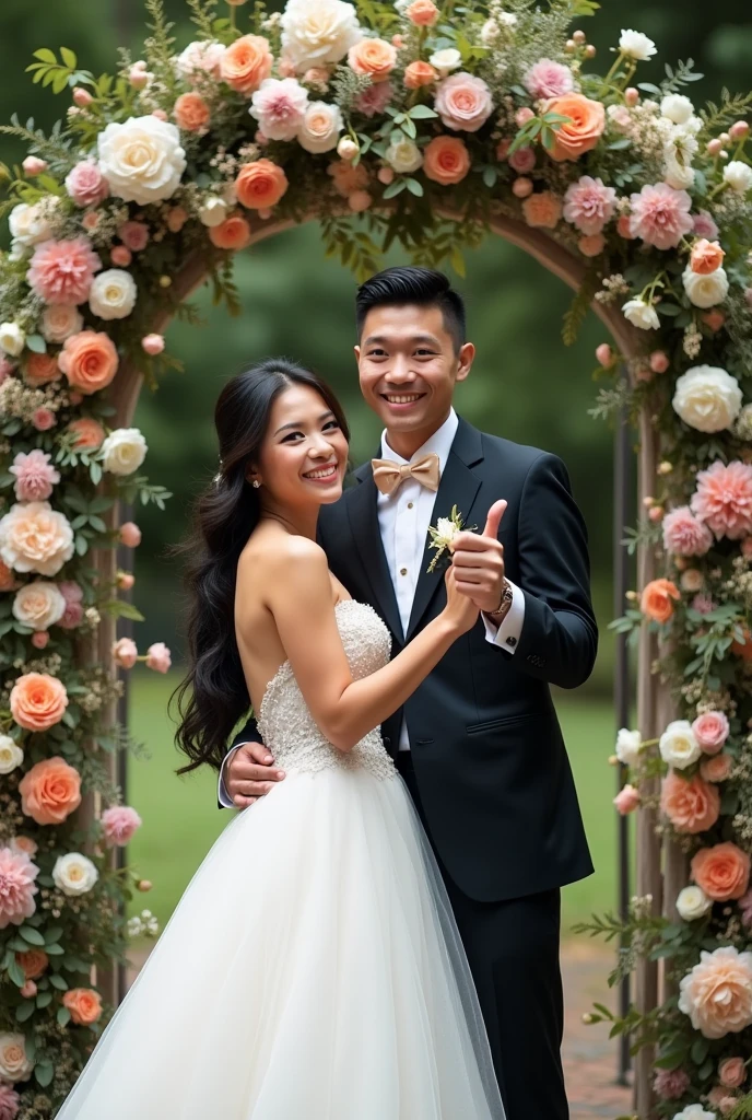 Real pinoy couple wearing wedding standing say cheese with arounding flowers 