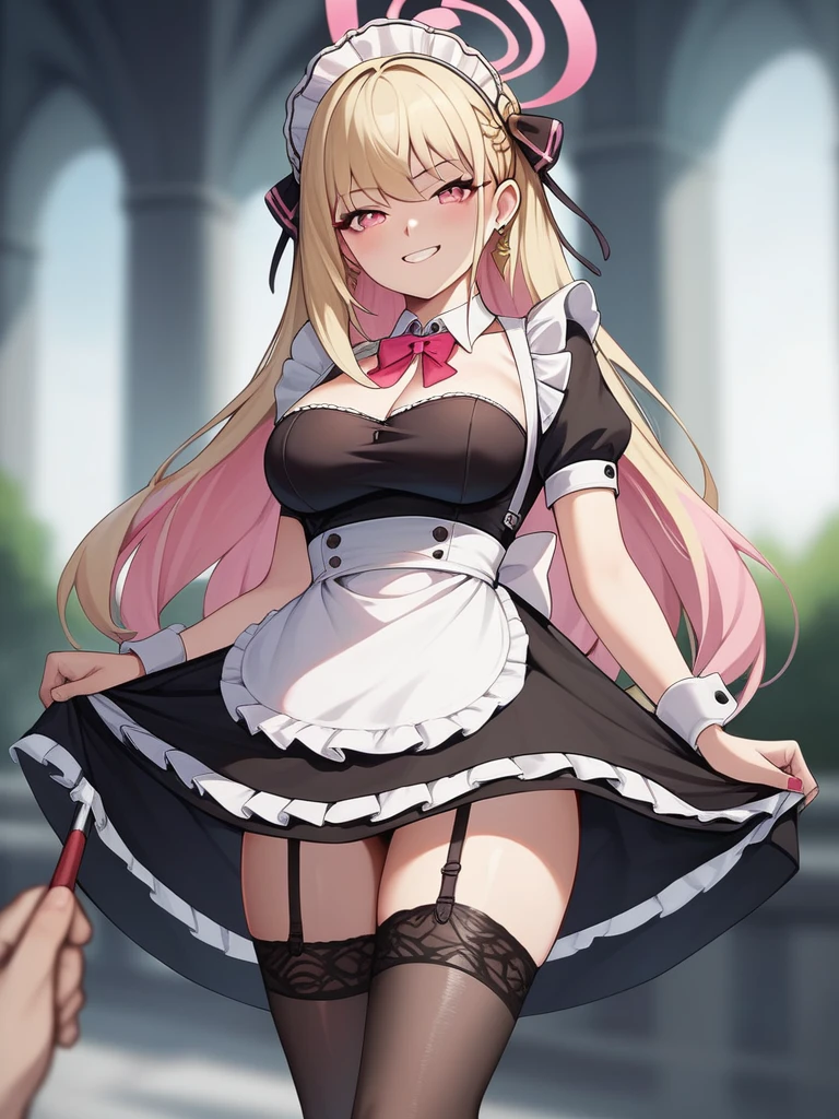 \(blue archive style\), light pink eyes, light blonde hair, one pink streak on hair, long hair, wispy bangs, maid outfit, sultry eyes, smirk, lithe frame, heels, black sheer stockings, garters, standing up, study, cleaning, historical, blurred background, good quality, pov, close-up