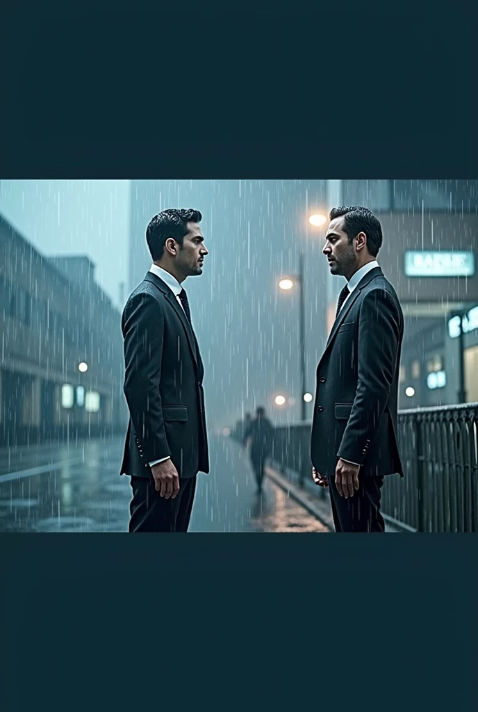 Two men dressed in black under the rain looking at each other