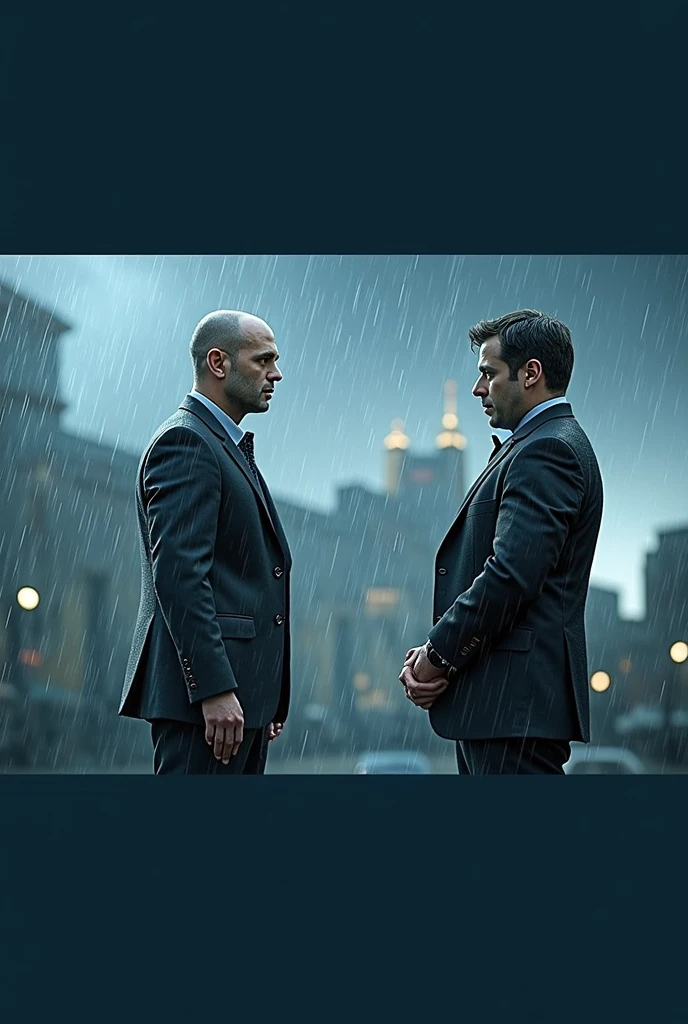 Two men dressed in black under the rain looking at each other