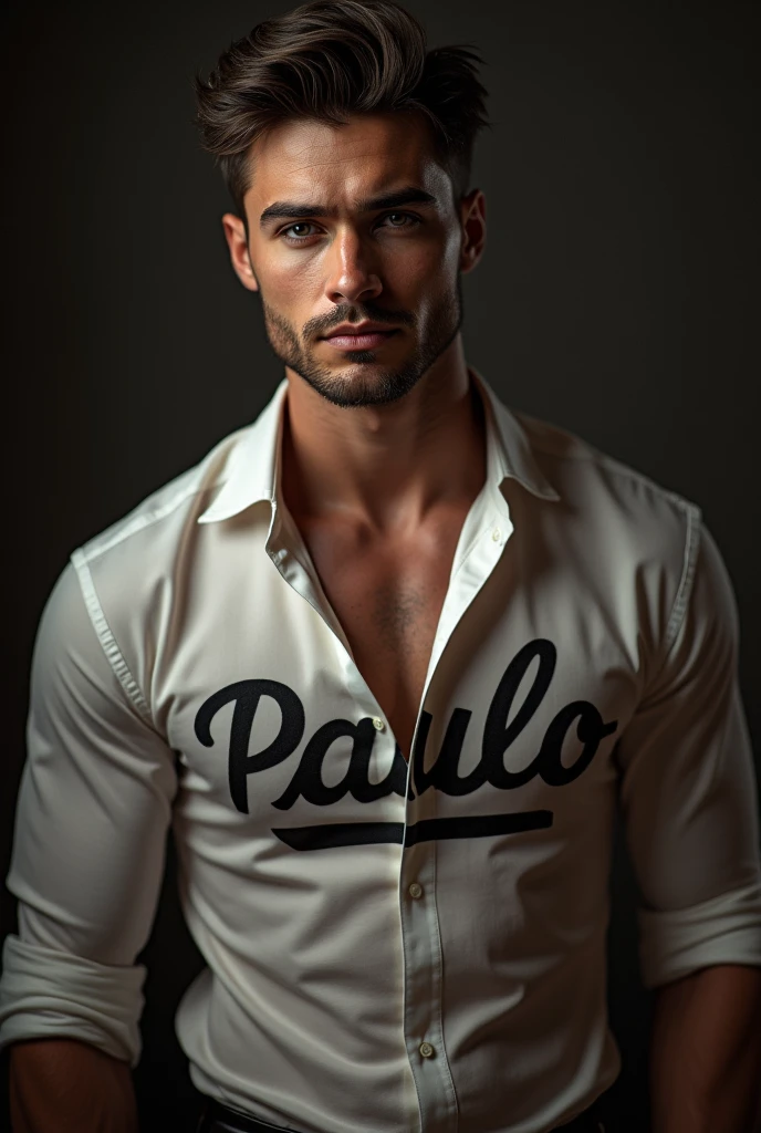 (Photorealism:1.2), a male escort with a shirt with the name Paulo 
