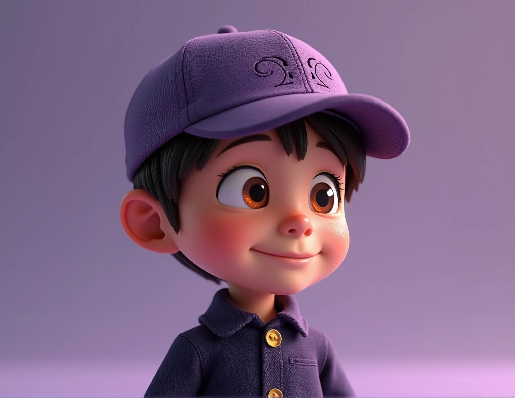 create a pixar style human character with a cap, having the clothes with the color palette of the clothes of black and purple ( with the purple varying from a lighter shade to a darker one) looking to the side with an enchanted look