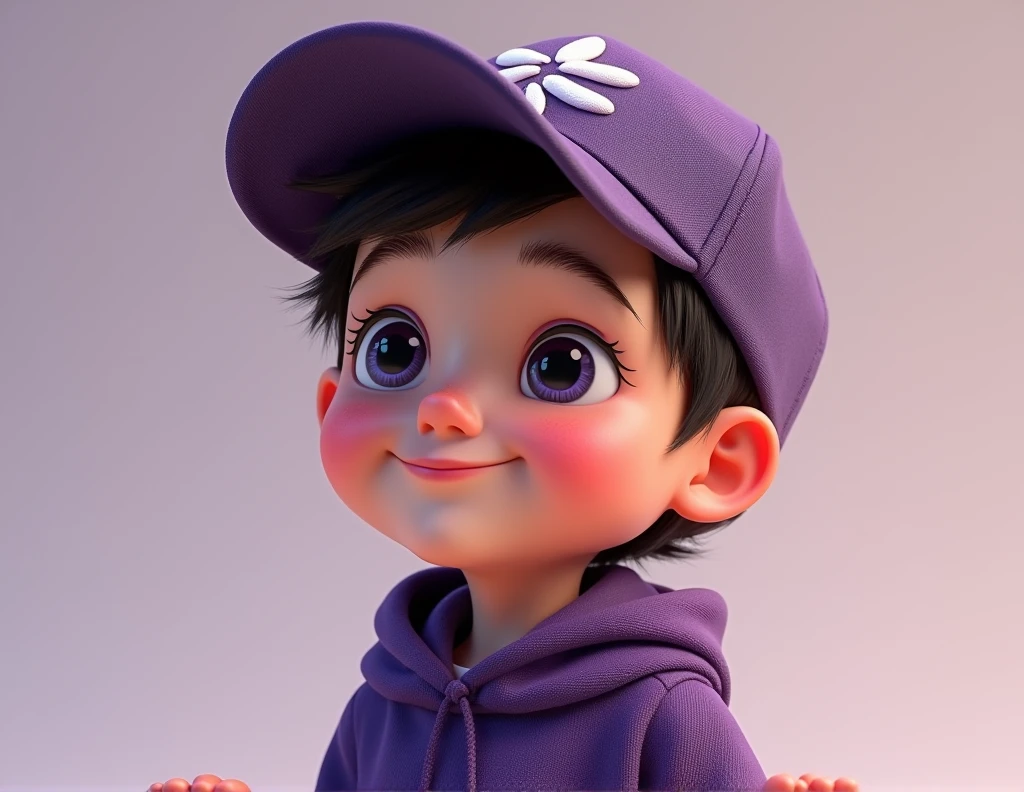 create a pixar style human character with a cap, having the clothes with the color palette of the clothes of black and purple ( with the purple varying from a lighter shade to a darker one) looking to the side with an enchanted look