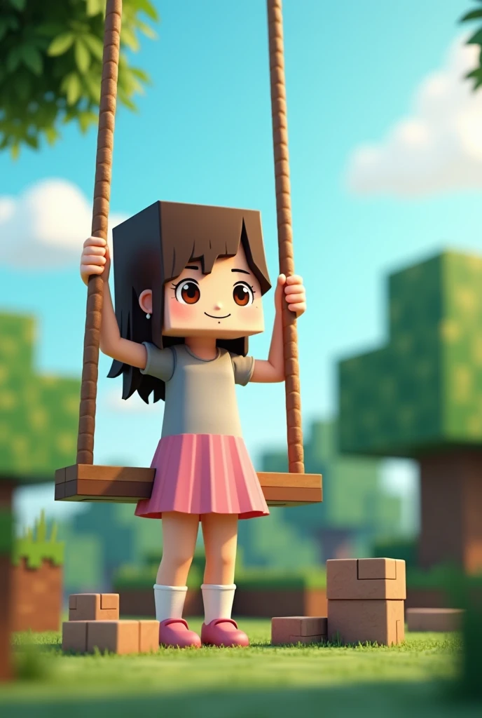 Minecraft tumbanail and a girl making a swing mincraft character and girl dress is pink and grey