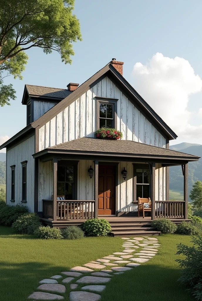 Make a old barn house porch with a dark wood and gray theme with a white exterior house 
