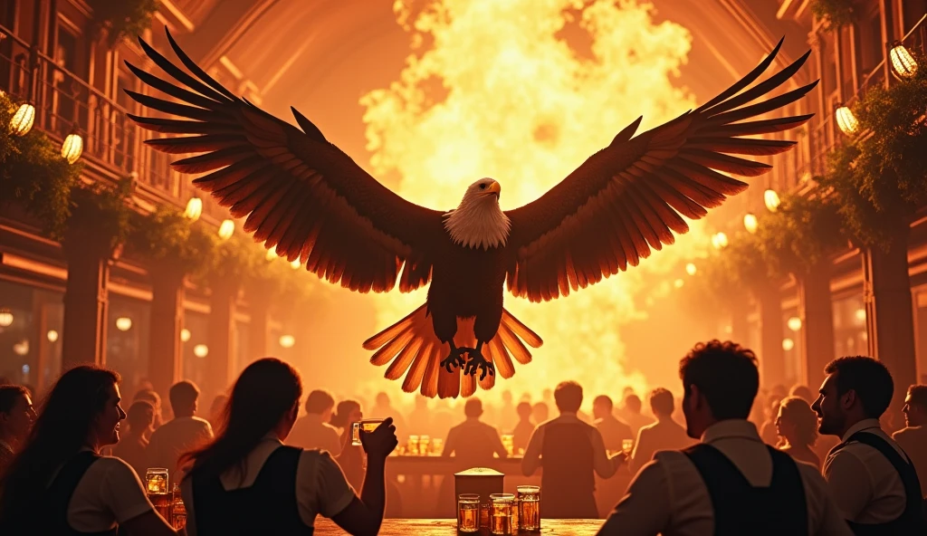 Eagle in fire with german dancing drinking beer  in german cafe in fire octoberfest