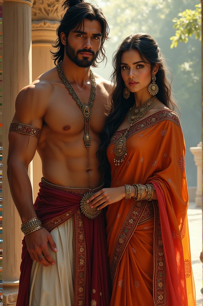 Create a ai picture with a handsome indian man wearing indian ancient clothes with a beautiful girl wearing indian ancient clothes