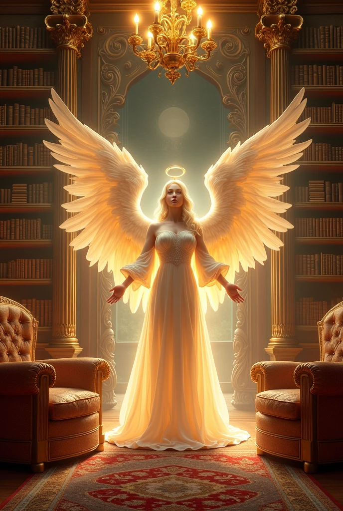 a room, with wealth, books and angels