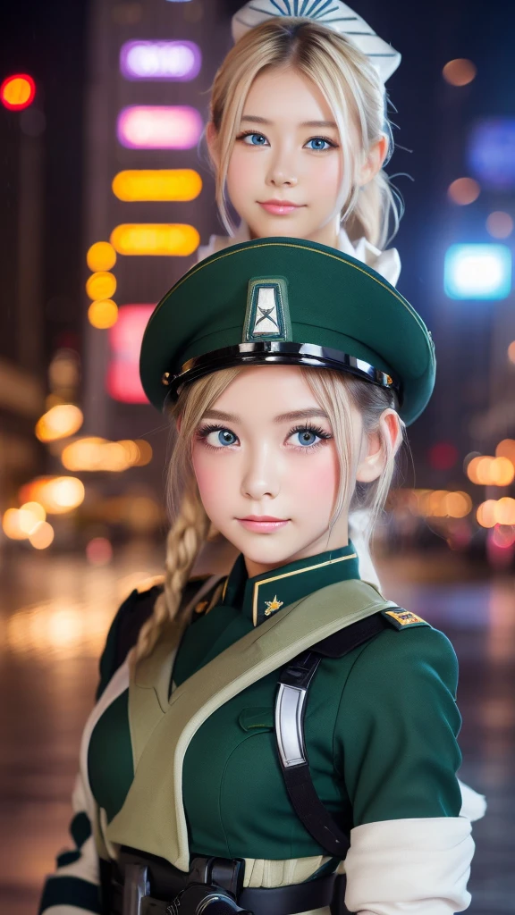 ((Highest quality)), ((masterpiece)), (detailed), high ponytail, ((Blonde)), Beautiful girl, Cute Eyes, Green eyes, False eyelashes, (((Watery eye))), (Blushed:1.3), white skin, (soldier uniform:1.4),  ((bulge)), RPG-7, outside, raining, crowded city, fog, evening, neon sign,