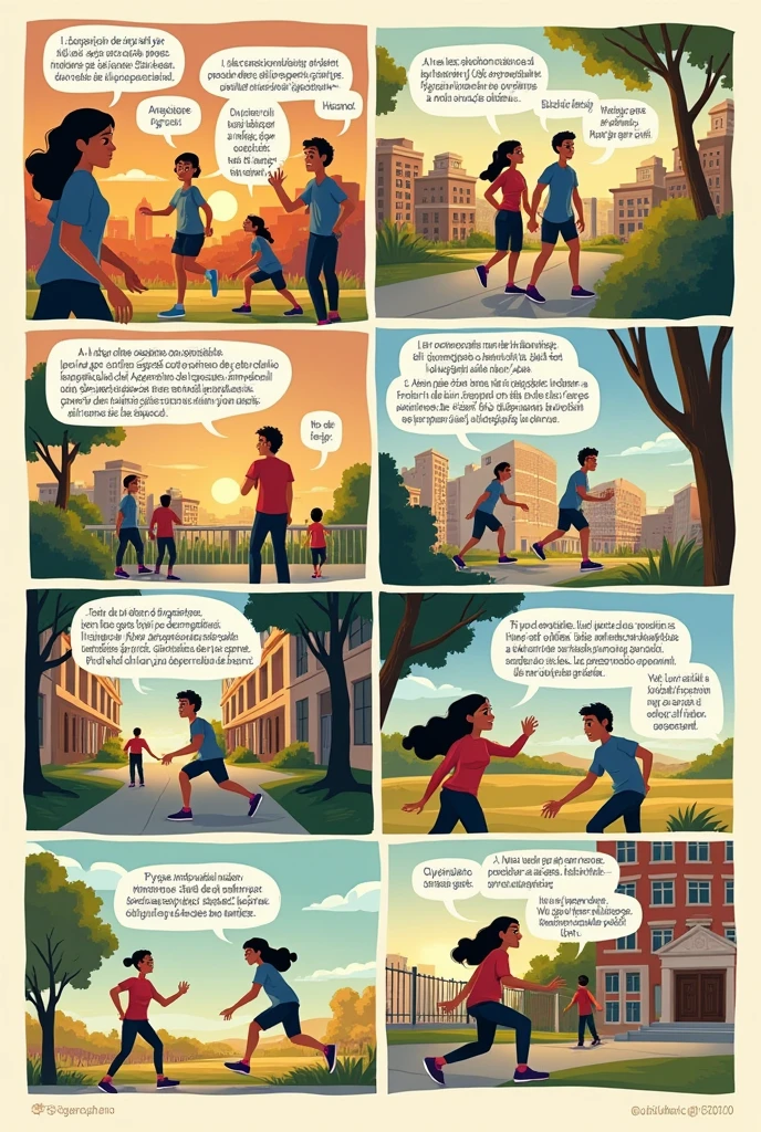 CREATE A 10-PANEL COMIC ABOUT THE IMPORTANCE OF PHYSICAL ACTIVITY IN OUR LIVES WITH DIALOGUES AND WRITINGS IN SPANISH PLEASE