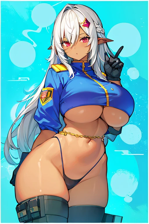 1girl, dark skin, dark-skinned female, red eyes, white hair, long hair, large breasts, thick thighs, underboob, hourglass figure, mature female, thighhighs, police, police uniform, parted lips, bikini, highleg bikini, peace sign, v, gloves, neon trim, trimmed thighhighs