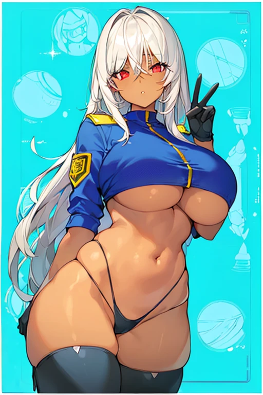 1girl, dark skin, dark-skinned female, red eyes, white hair, long hair, large , thick thighs, underboob, hourglass figure, mature , thighhighs, police, police uniform, parted lips, bikini, highleg bikini, peace sign, v, gloves, neon trim, trimmed thighhighs