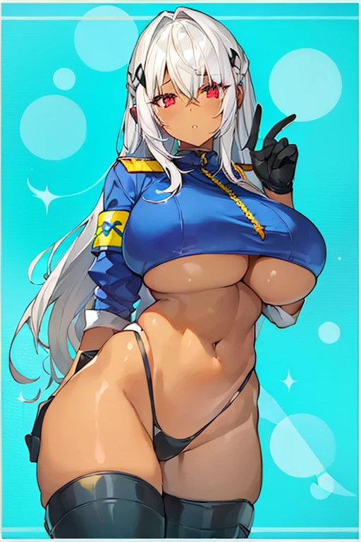 1girl, dark skin, dark-skinned female, red eyes, white hair, long hair, large breasts, thick thighs, underboob, hourglass figure, mature female, thighhighs, police, police uniform, parted lips, bikini, highleg bikini, peace sign, v, gloves, neon trim, trimmed thighhighs
