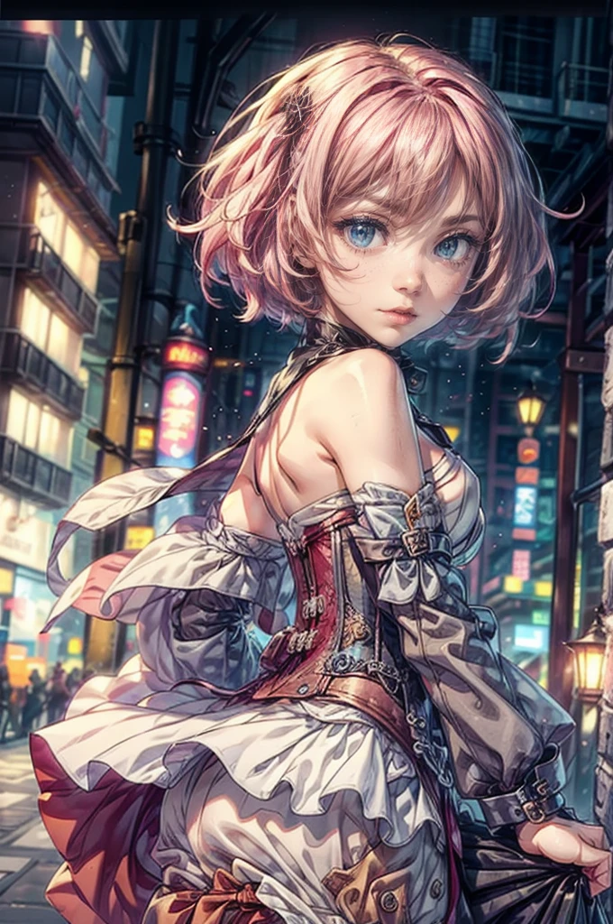 (masterpiece), 1girl, fair skin, beautiful make-up, fair skin, short hair, pink hair,  steampunk, belt, corset, natural breasts, smiling , sultry posing, serenity, beautiful scenery, steampunker, stmpunkai, cog, mgog, white shirt, pink skirt, steampunk city scenery, night time, 