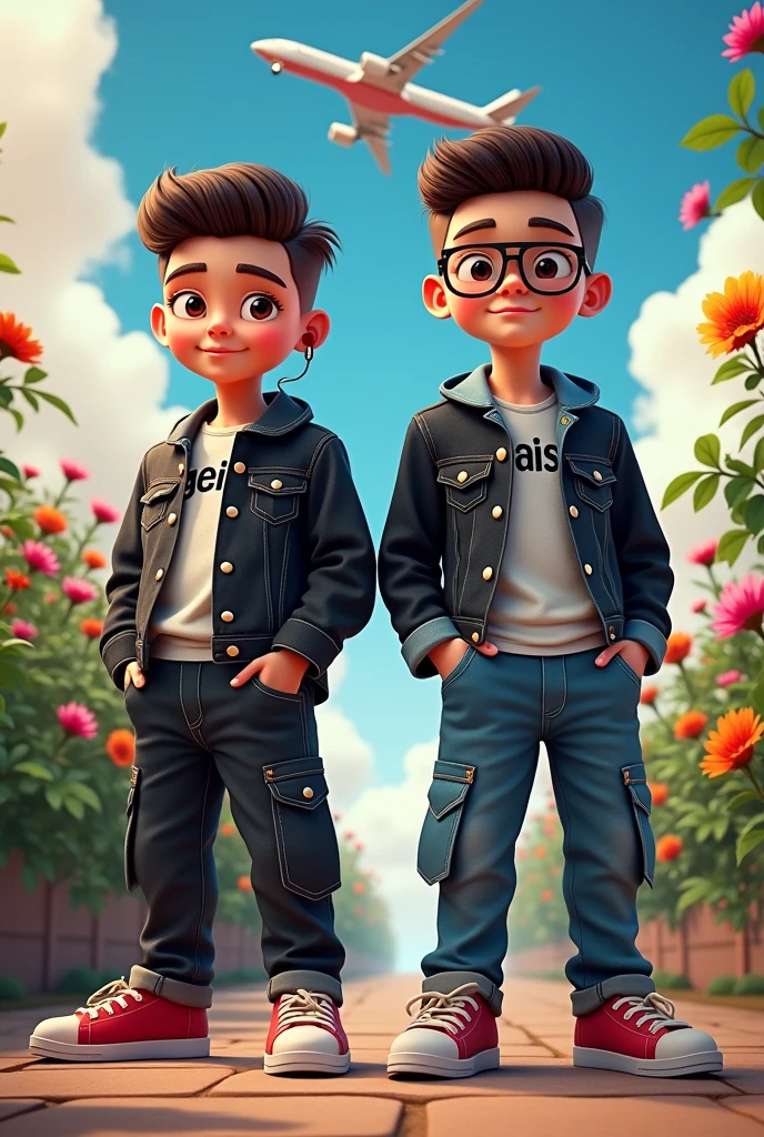 A 2 boy , hear cut style , cargo jean realistic 
,denim black jacket on written bold name "GEJI RAI" , red shoes , eye nose ear very clear cool ,kulfi boy , cinematic , realistic, background in flowering. Lighting plant, ear in bluetooth , modern style , side a Instagram cube on write "ohi_geji_yaar_143" wear a glass on eyes , cloud weather and aeroplane