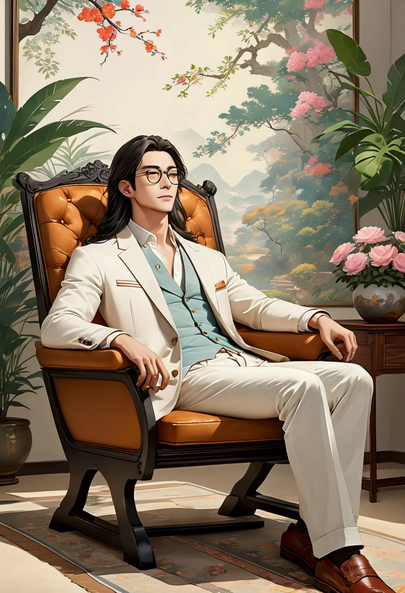((Very detailed)),A man sitting on a simple yet stylish chair,Angle from the front,Sitting and relaxing,Casual and stylish,Pale colored jacket,Glasses,Long Hair, ((masterpiece, Highest quality, Very detailedCG, unity 8k wallpaper )),(masterpiece, Highest quality, Highest quality, Official Art, beautiful),Very vivid,High-precision images,Ultra-high resolution,Poster Art,Impressive photos,Looking away,beautiful顔,Perfect Face,CD jacket,Simple room with white walls