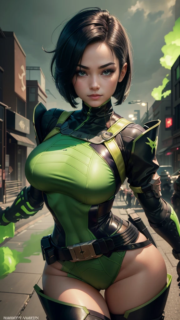 Viper da valorant,(best qualityer,4K,8k,high resolution,work of art:1.2)(weather: windy), Japanese female,cyberpunk tokyo background, green and black body suit, face mask, punk makeup, thigh high boots, belt, short hair,ultra detailed,realisitic,portraite,beautiful detailed green eyes,beautiful detailed lips,extremely detailed eye and face, long eyelashes,sexly,average,large breasts, cute beaming smile, fighter stance, stunning curves, bright coloured,dramatic lighting, green smoke,