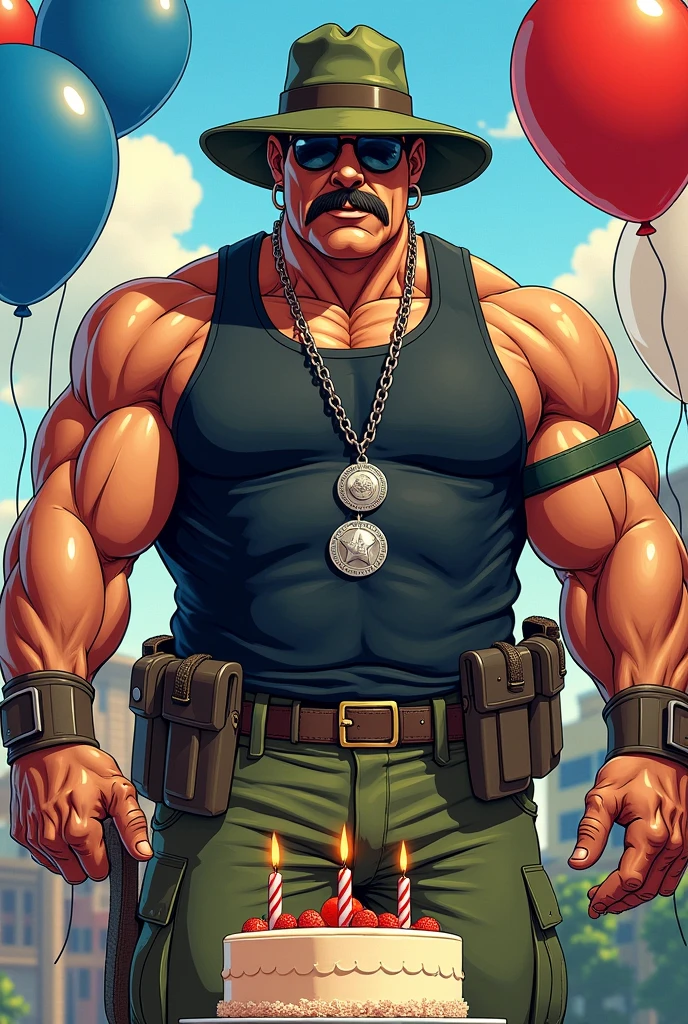 I want an illustration of Sergeant Slaughter from the Gi Joe series wearing a green sun hat , black sleeveless t-shirt , He is very muscular and a little fat, he has a face with a mustache and sunglasses. , A long, thin chain with two silver medals and green military pants and brown boots. Celebrating his birthday with a cake with candles and blue, red and white balloons.