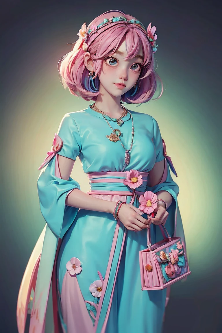 (masterpiece, best quality), cute girl anime character, medium short colorful hair, mythology, traditional mythology dress, gorgeous accesories, holding a flower basket, high detailed, pastel color mood and tone background.