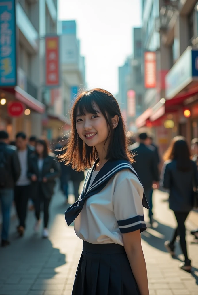 Shoot people in the style of modern street photography, capturing the dynamic and frank nature of city streets. The character is a Japanese high school girl who wears a sailor costume. The background should be a bustling city street where architecture, street art and people are intertwined. As she smiles in the early fall morning light, the figure should be captured in a natural, unposed moment, perhaps looking at something in the distance or interacting with her surroundings. The light should be natural, mixing sunlight and city lights to create a lively atmosphere.
