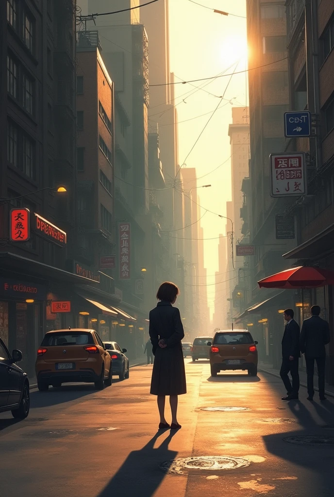 Person Standing on a Busy City Street at Dawn: A person standing still on a busy city street early in the morning, with the city slowly coming to life around them. The background shows the hustle of daily life, while the person’s calm, focused posture represents staying grounded and focused on personal growth.be realistic