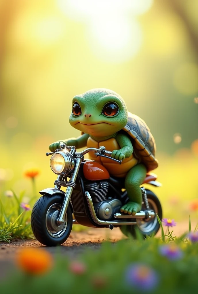 Cute baby turtle on a motorcycle