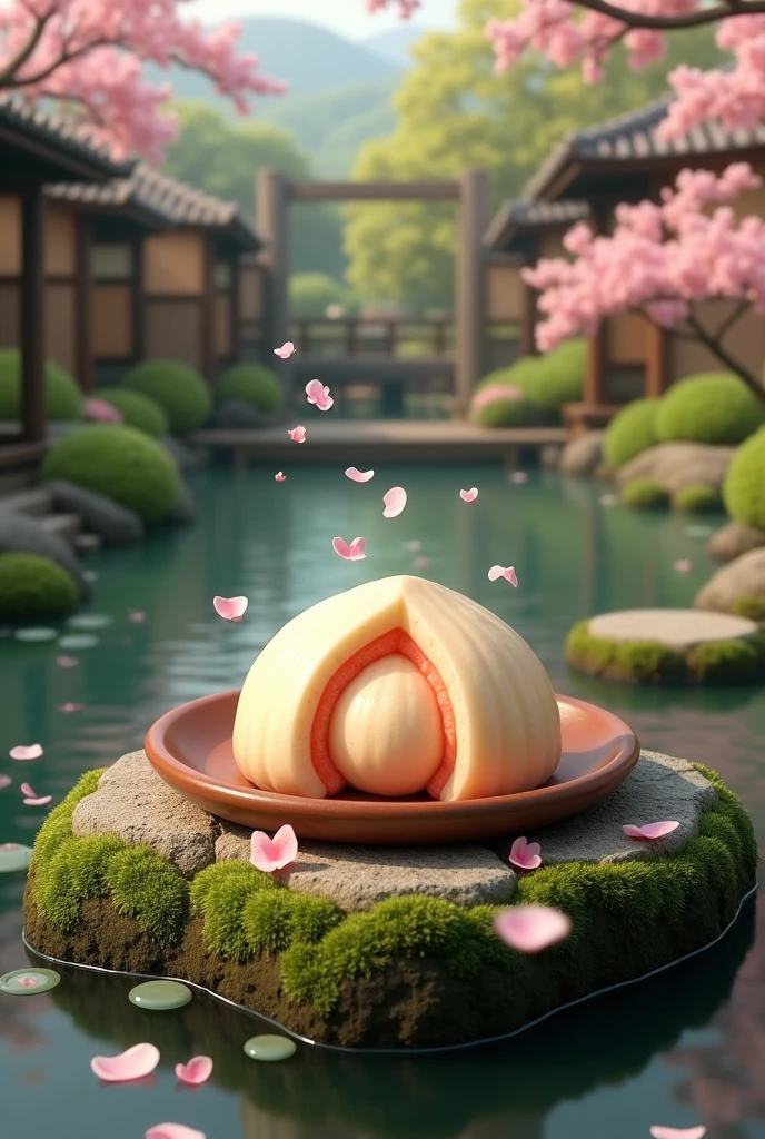 Make me a mochi dessert with an extensive rustic Japanese background 