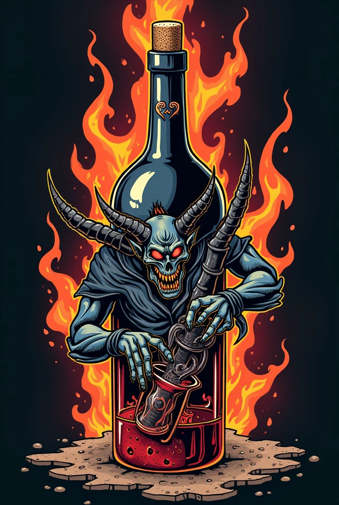 neo traditional tattoo design devil trapped in a wine bottle