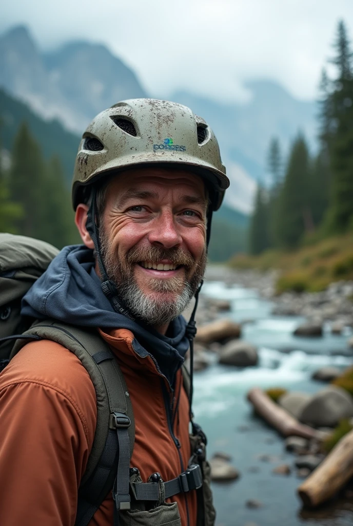 fot, adult man photo, 3, spontaneous photo, hiking, wearing trail clothing, plein-air, (giorno), mountainscape, real life nature, clouds, floor, happy, glad, helmet, duffel bag,  forst, stones, Riu, Wood, smoke, fog, looking ahead at viewer, texture skin, photo grain, close up, CRU photo