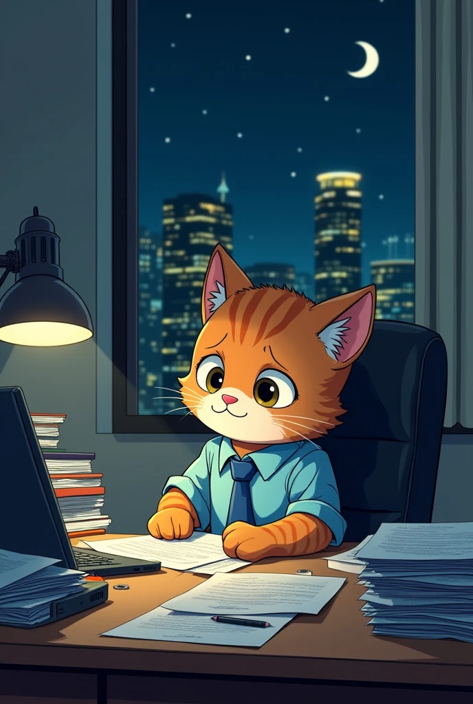 「AI kitten working in the office late at night。He looks so exhausted he&#39;s about to collapse。In his big eyes there is resignation and fatigue。A blue shirt and tie to fit his 。A messy desk with piles of papers and a laptop。Outside the dark window is a city night view。The clock shows 2 a.m.。Soft fluorescent light。Manga style illustration。」
