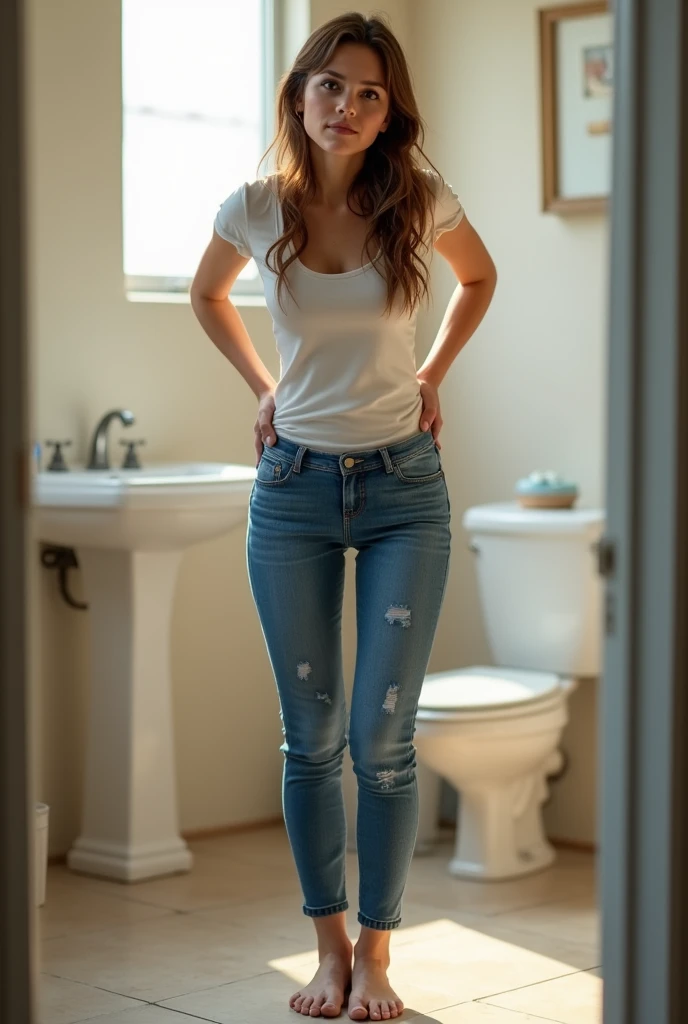 Woman farting in the bathroom while wearing jeans