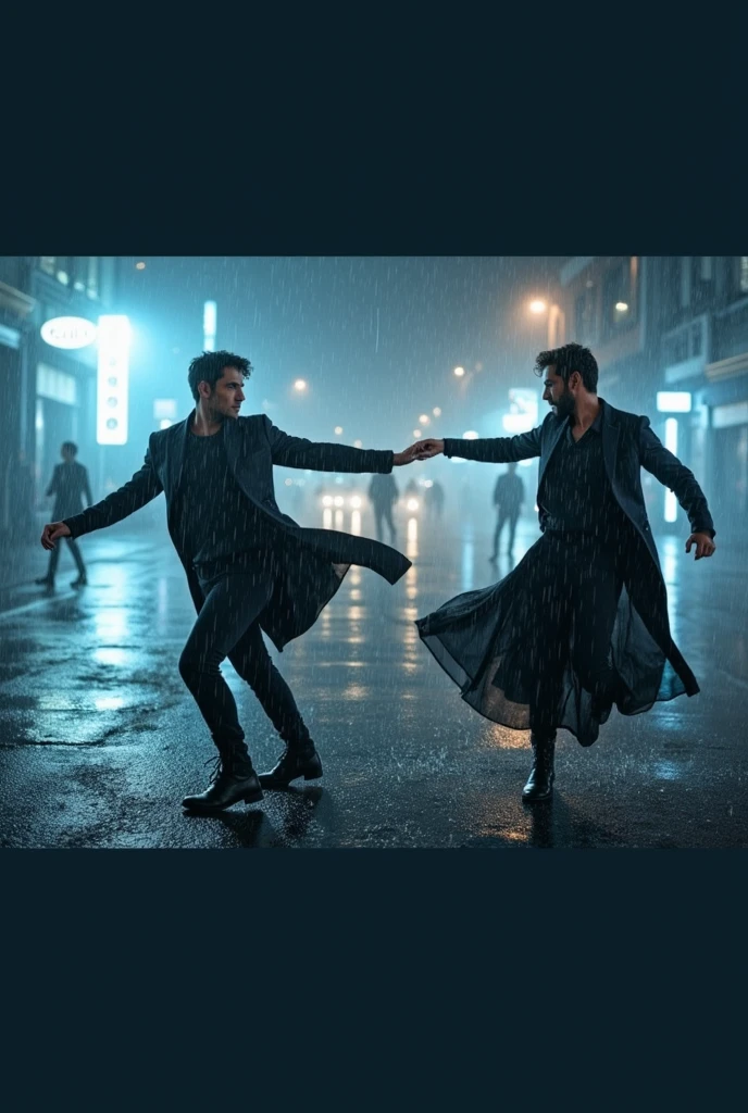 Two men dressed in black dancing in the rain