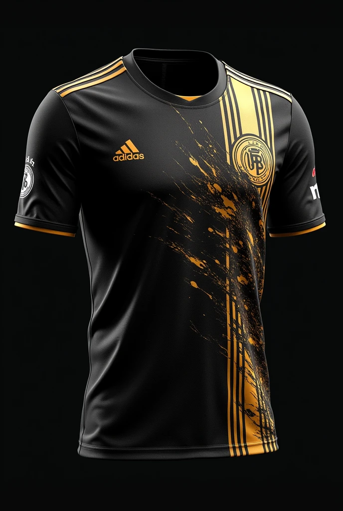 A black soccer jersey with designs and gold on the back and a more special design on the front but not so special that it has several things on the front and back like splash paint on the back, not on the sides, with a bit of stripes and a more creative back with a bit more gold.