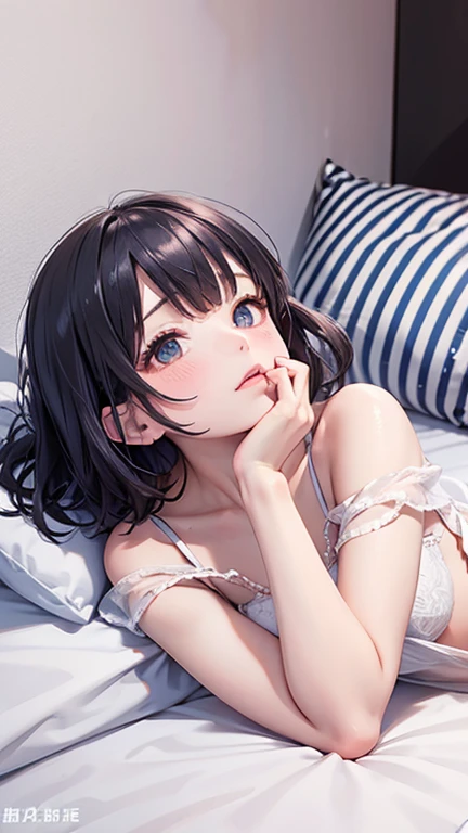 Highest quality, Very detailed, ,((blush)),((((Backwards)))),Light blue short bob、Flat Chest，Small breasts，On a canopied bed、Sleep on your back、dizzy、White liquid on thighs、White liquid on the face、Touching her lower body greedily，White liquid in the abdomen，Shaking knees、Getting drunk and being bold，Bring one hand close to your mouth，Spread your knees，A used condom lies in front，Baggy button-up shirt，Fisheye Lens，The bra is too loose and doesn&#39;t fit，Enlightenment、