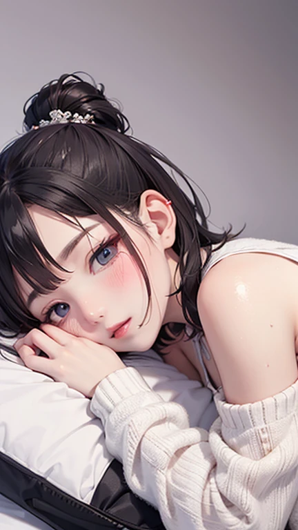 Eliza from Tekken, short black hair with bangs passing past her shoulders, short hair at the back of her head, soft gothic makeup on her eyes, purple lipstick, light casual blouse with a low neckline, short black skirt made of light fabric, sitting on the edge of the bed while placing her hand on the face of a young man who is sleeping in bed