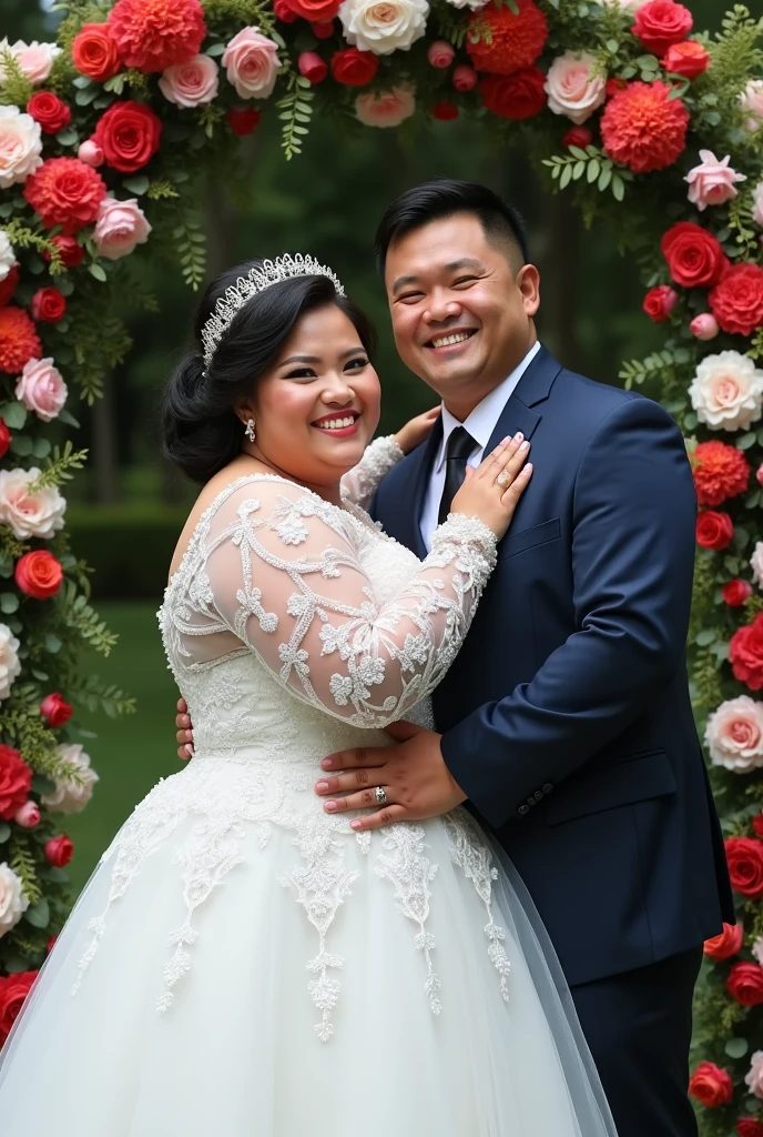 Real pinoy couple with fat girl wearing wedding standing say cheese with arounding flowers 