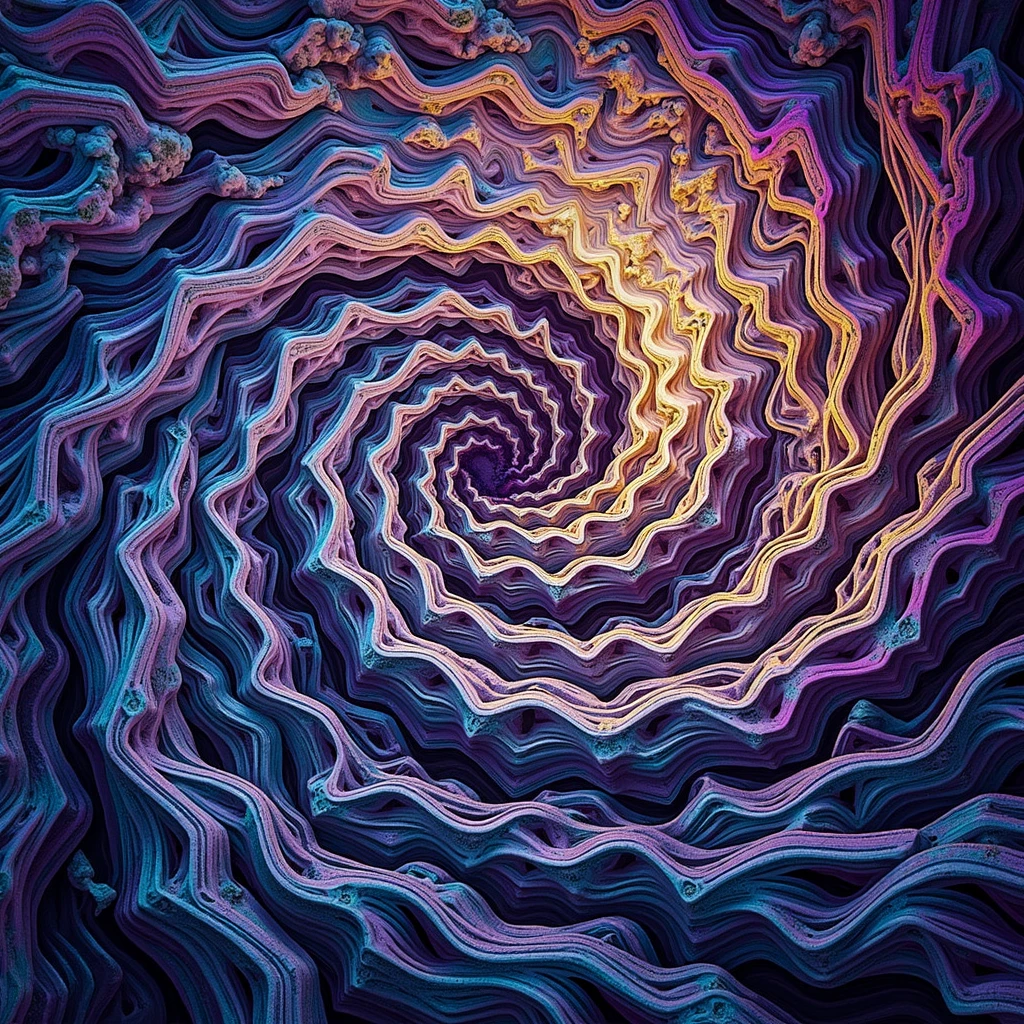 An abstract representation made of geometrical patterns and curved lines. ((changing, knowledge, defiance, plotting, foreseeing)),((violet,blue,purple)).((deep wiew)),photographic,ultra high resolution,hyperdetailed, masterpiece, 3d modelling, digital art, abstract art.