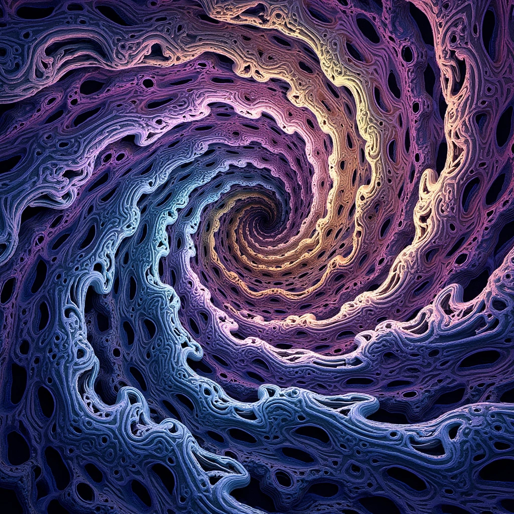 An abstract representation made of geometrical patterns and curved lines. ((changing, knowledge, defiance, plotting, foreseeing)),((violet,blue,purple)).((deep wiew)),photographic,ultra high resolution,hyperdetailed, masterpiece, 3d modelling, digital art, abstract art.