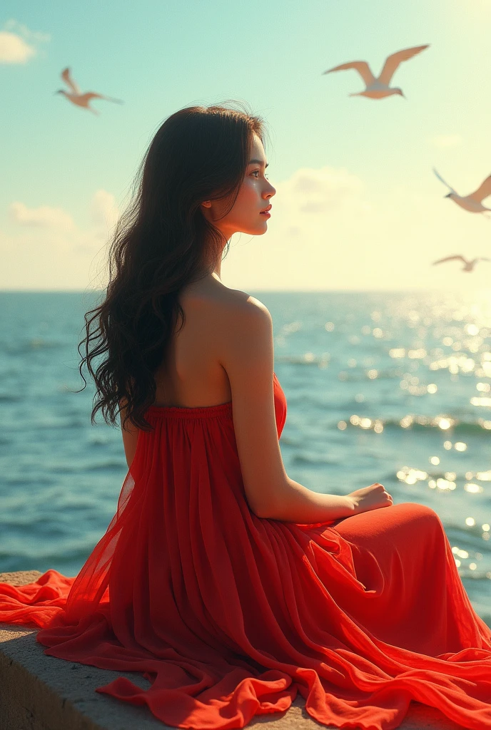 A woman sitting in front of the sea in a beautiful red dress decent Her hair is down, looking at the sea and the birds so far in the sky, and the sunlight appears on her as if it were hope without any resemblance or clear features