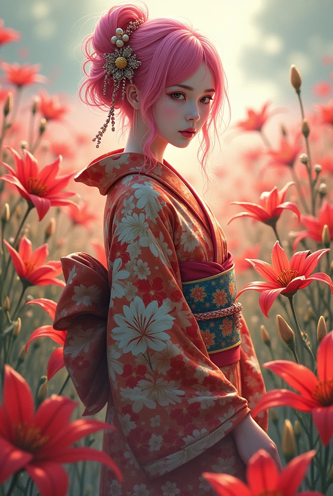 Beautiful woman in a beautiful kimono、Pink Hair、A field of blooming spider lilies、kimono、