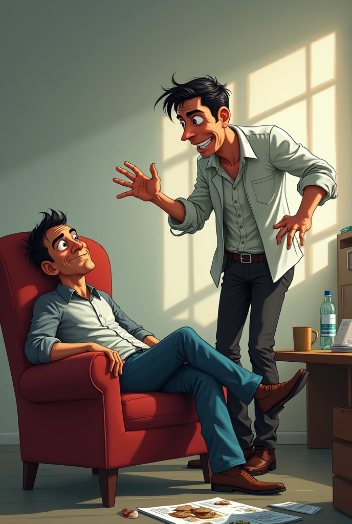 sweaty salesman trying to sell a product to an uninterested customer asleep on the chair