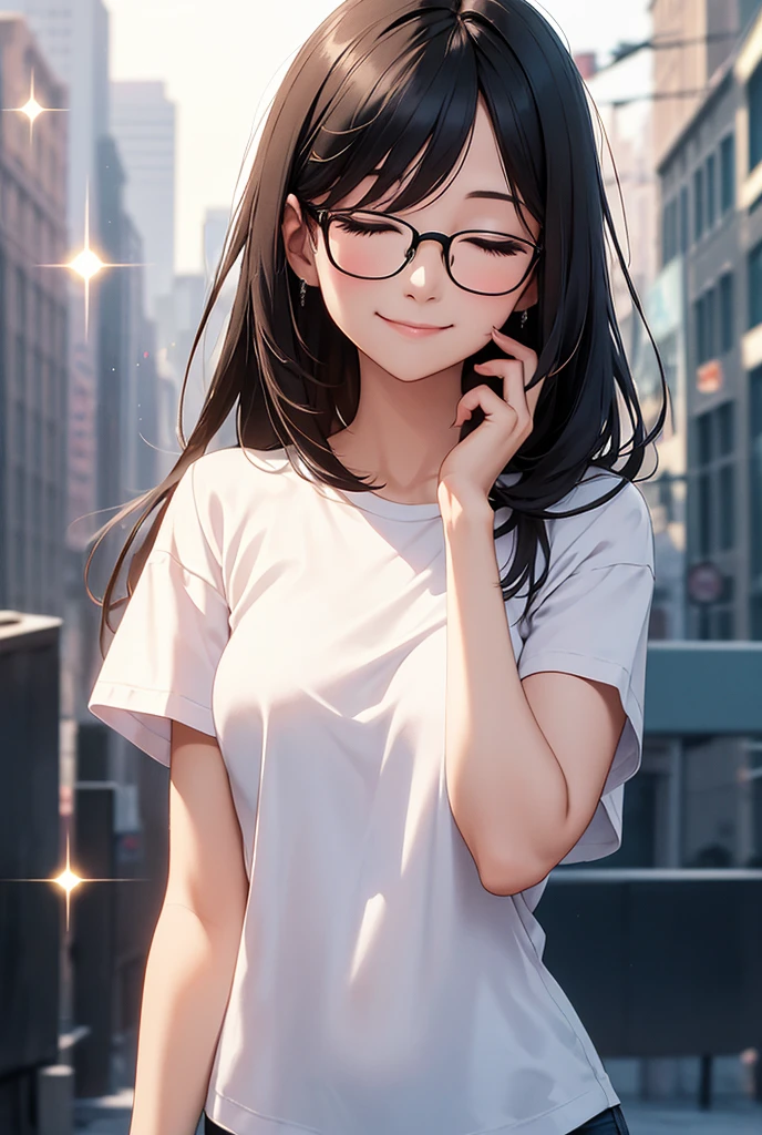 High resolution, masterpiece, Highest quality, Beautiful girl,White T-shirt,smile, Black Hair, Round Glasses,Sparkle Effect, Background blur, Closed eyes