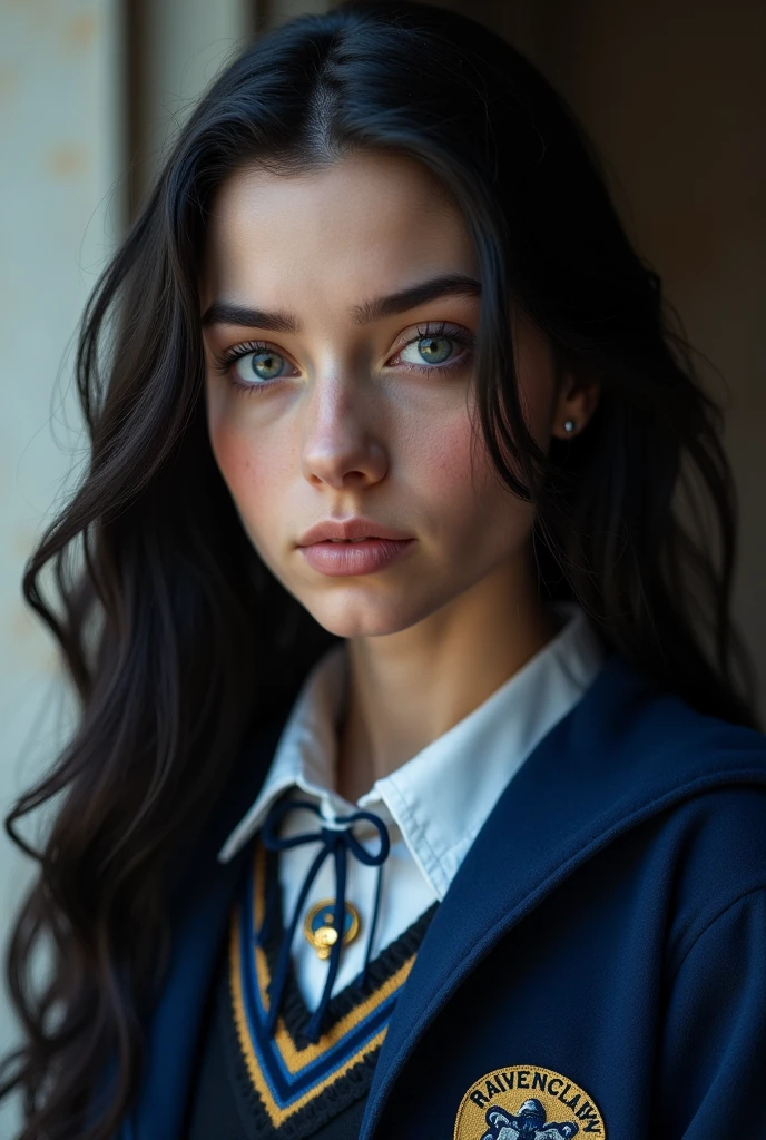 (photorealism:1.2) she has a rosy complexion, long black hair half down, blue-gray eyes and she wears a Ravenclaw uniform, diamond shaped and stoic face
