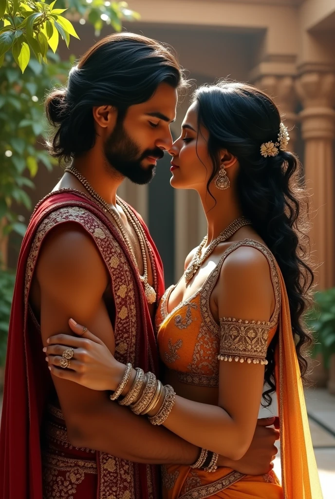Create a ai picture with a handsome indian man wearing indian ancient clothes with a beautiful girl wearing indian ancient clothes in a hot positive and kissing each other