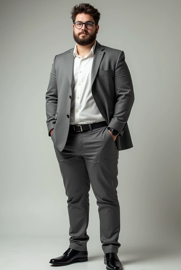Generate a photo of a mid overweight teenager boy
With an immature beard
Wearing Grey suit with white shirt
With translucent framed glasses
And a black watch in his right hand
With black lether shoes
Full body image