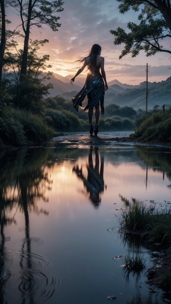 one night, silhouette of a man, bent over, in the backlands, he sees a female figure emerging from the waters of the river. She is tall, with long, wet hair, dressed in a shimmering water cloak. 3d image