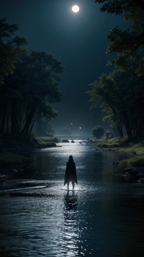 one night, silhouette of a man, bent over, in the backlands, he sees a female figure emerging from the waters of the river. She is tall, with long, wet hair, dressed in a shimmering water cloak. 3d image