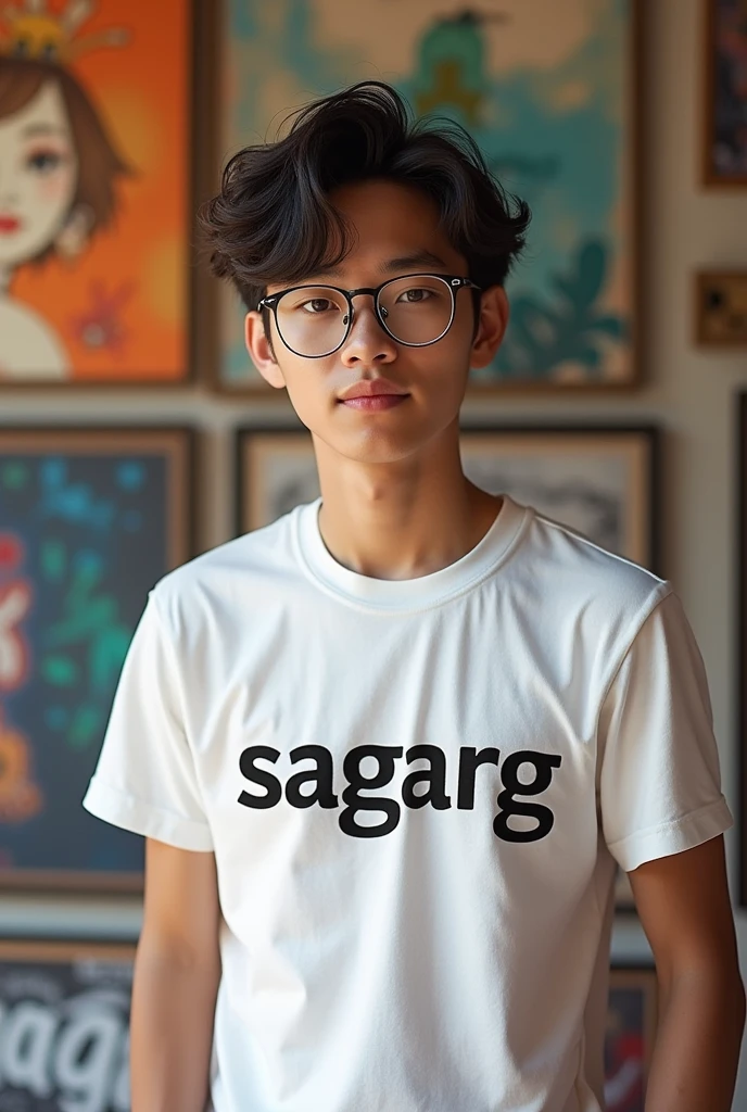A handsome art boy wearing glasses and white shirt written SagarG on it. The text written on shirt should be the in the same way as i mentioned 