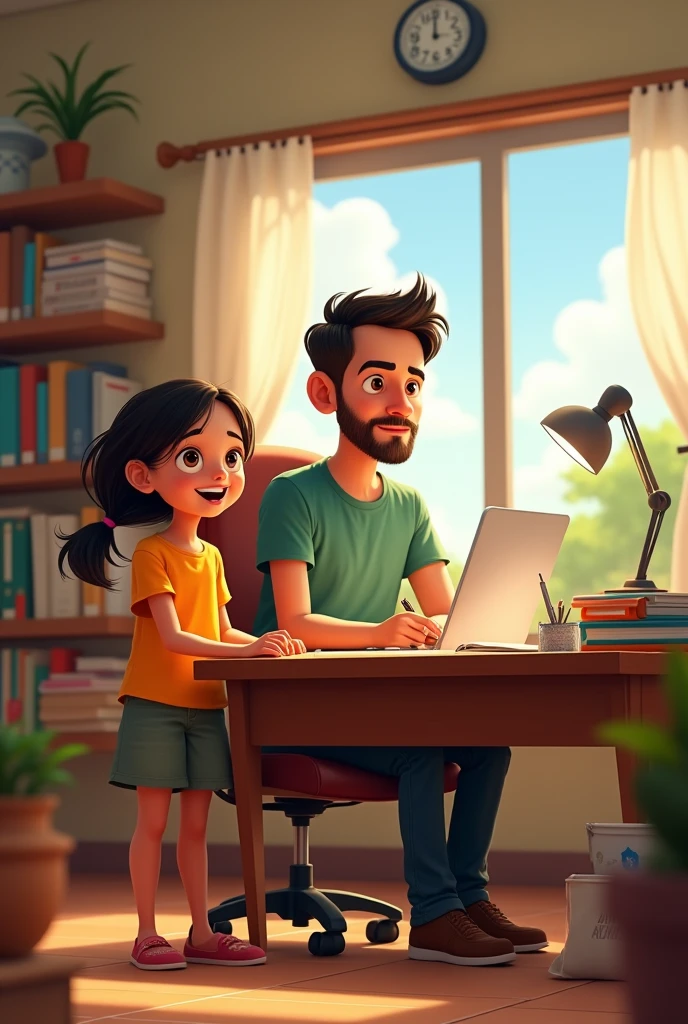 Language teacher 40 years old without a beard at his desk next to his  daughter Latinos year 2015 drawing pixar style 